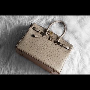 Taupe Grey Leather Ostrich Embossed Handbag